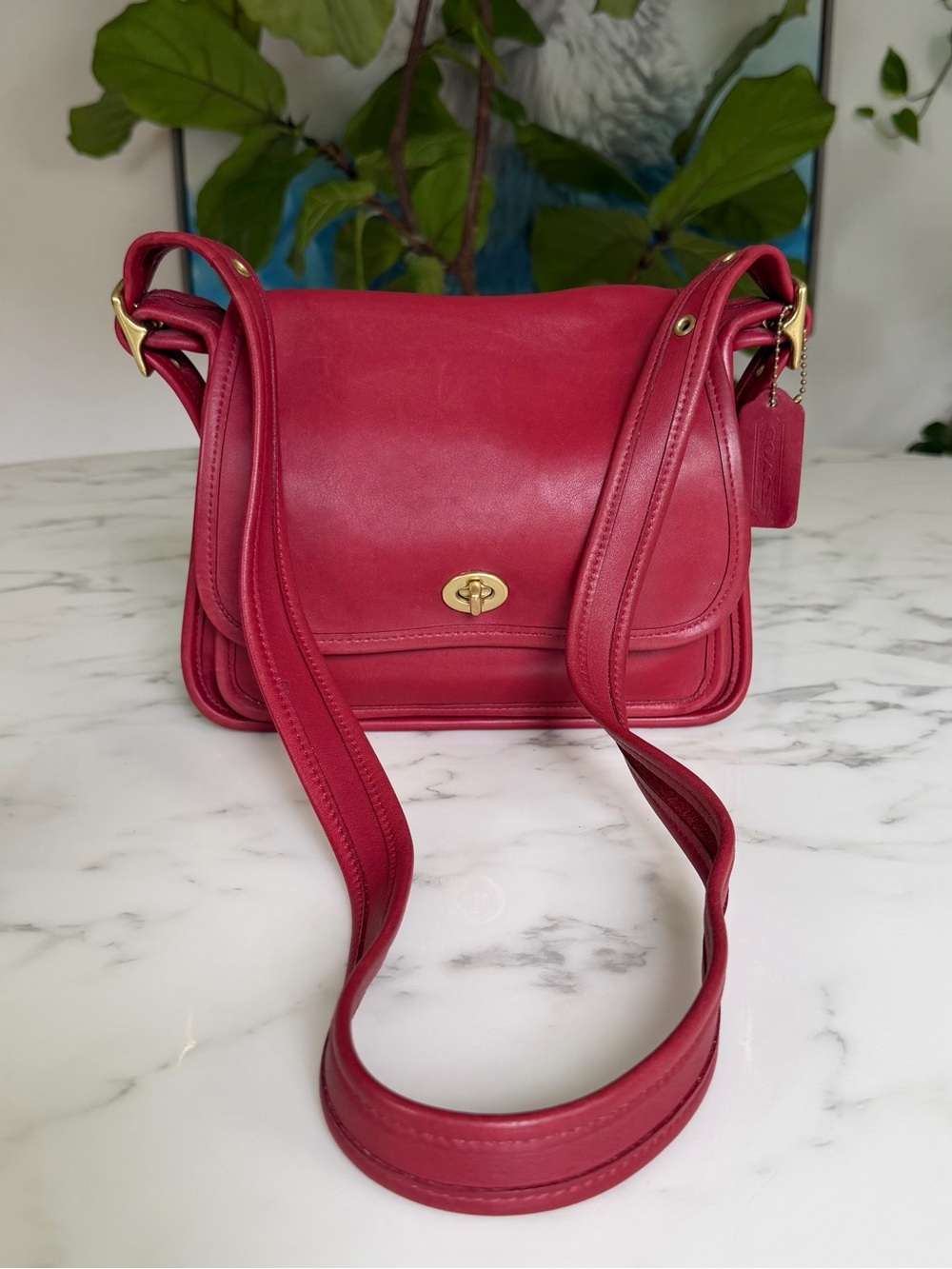 Coach Vintage Rambler's Legacy Turnlock Crossbody Bag 9061 Red Leather Brass 90s